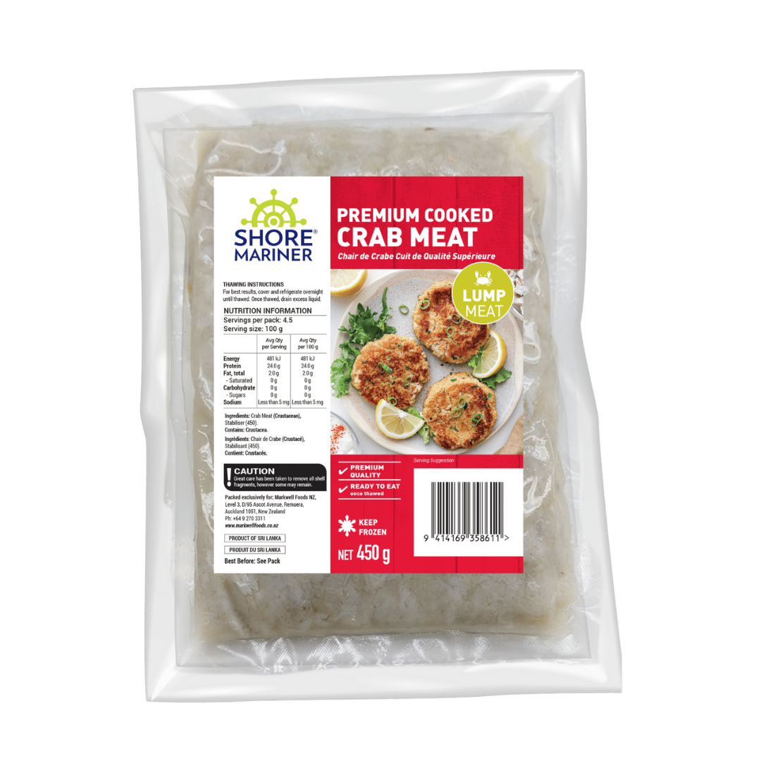 Package of frozen premium cooked crab meat
